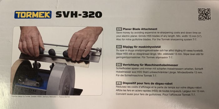 Instruktionskort som visar Tormek SVH-320, ett slipjigg för maskinhyvelstål på Tormek T-7 slipmaskin.