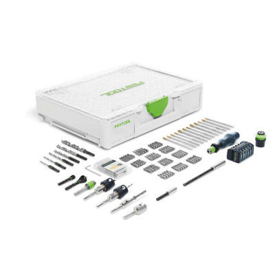 Ny Festool Centrotec verktygslåda med olika borr, bits och förvaringsfack, öppen och innehållet är ordnat bredvid.