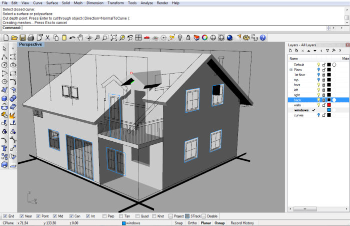 3D-modell av ett hus i Rhino-programvaran med menyer och lagerpaneler synliga.