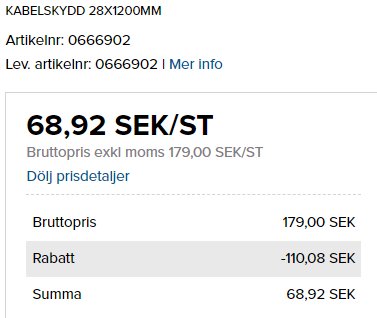 Prisdetaljer för kabelskydd med bruttopris, rabatt och slutsumma på 68,92 SEK exklusive moms.