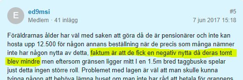 Skärmdump av ett foruminlägg om byggrelaterad diskussion, text markerad för betoning.