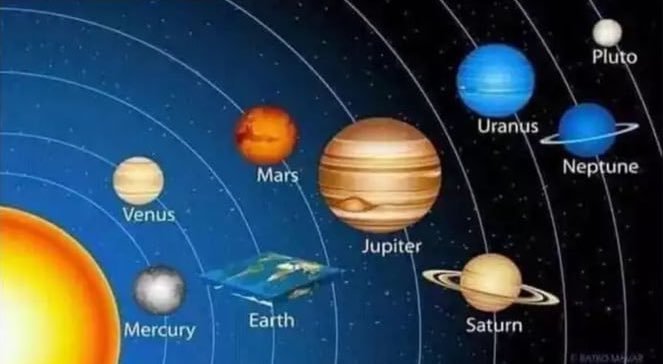 Illustration av solsystemet med planeter i bana och en rymdsond nära jorden.