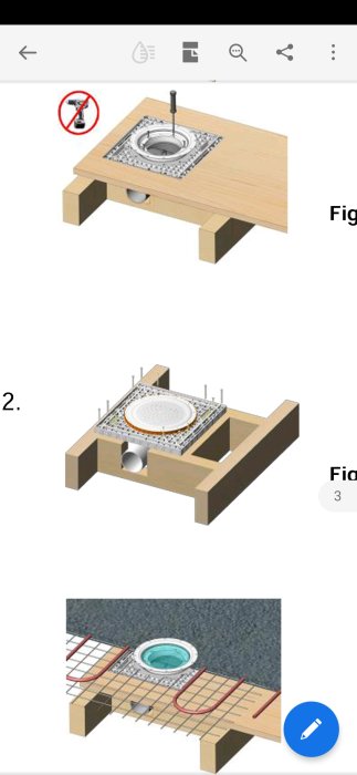 Illustration av monteringsanvisning för en 22 mm tjock golvgipsplatta med Jafo-brunn och avloppsrör.