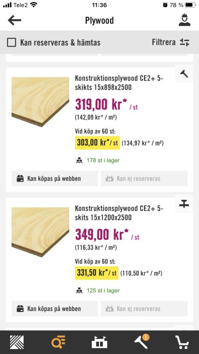 Skärmbild av en e-handelssida som visar priser för konstruktionsplywood med lagerstatus och köpalternativ.