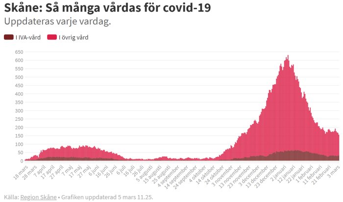 Stolpdiagram som visar antal covid-19-patienter i IVA-vård och övrig vård i Skåne över tid.