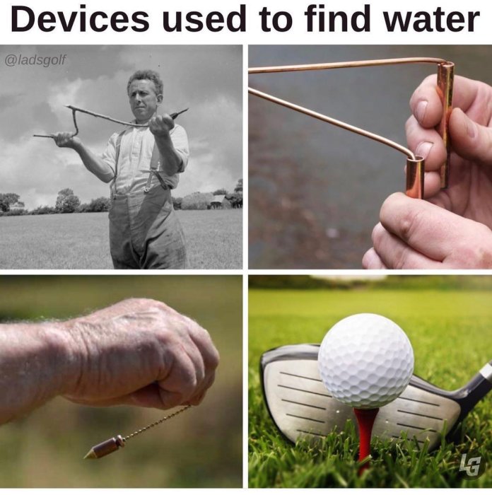 Kollage av redskap för att hitta vatten: slagruta, kopparpendel, önskekvist och golfklubba med boll.
