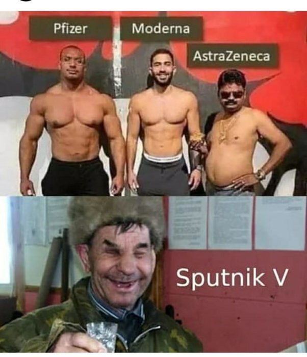 Memeskollage: Tre muskulösa män associerade till Pfizer, Moderna, AstraZeneca och en leende man för Sputnik V.