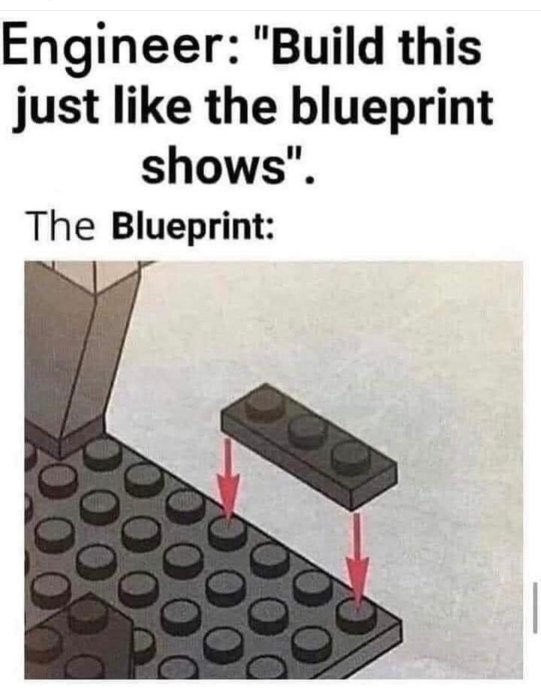 Meme med texten "Engineer: 'Build this just like the blueprint shows'. The Blueprint:" och en bild på fysiskt omöjlig LEGO-konstruktion.