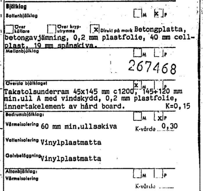 Skanning av ritning som visar uppbyggnad av betongplatta med isolering och tekniska specifikationer för golvvärme.