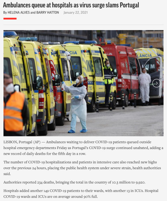 Ambulanser köar utanför sjukhus under COVID-19 -vågen i Portugal.