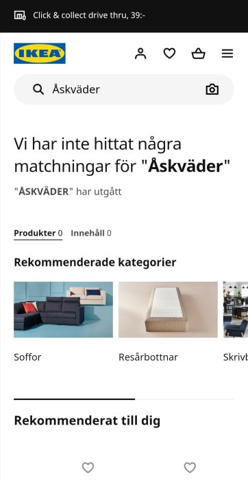 Skärmdump från IKEA:s webbplats visar att produkten "Åskväder" har utgått och rekommenderade kategorier.