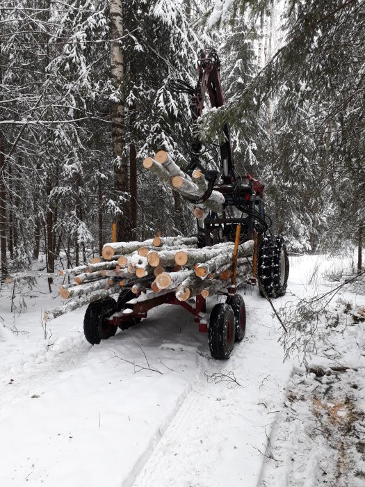 Skogsvagn fullastad med avverkade trädstammar i ett vinterlandskap med snö.