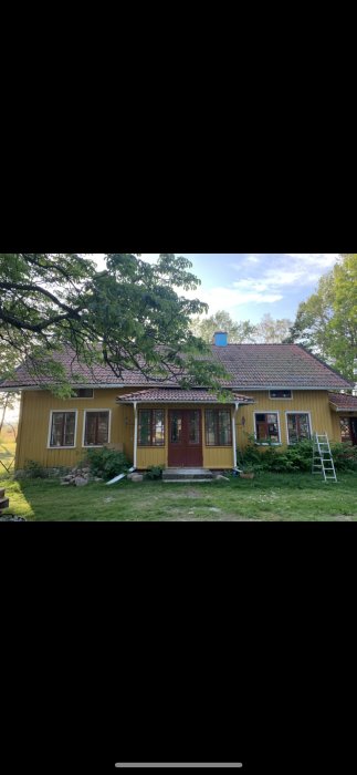 Ett gult traditionellt hus med röda detaljer och en stege framför, omgivet av grönska.