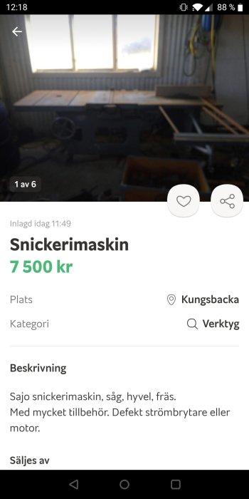 Otydlig bild av en snickerimaskin i ett rum under dagsljus, annonserad för försäljning.