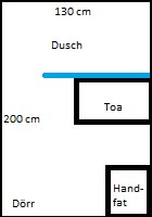 Schematisk planritning av badrum med markerade ytor för dusch, toalett och handfat samt måttangivelser.