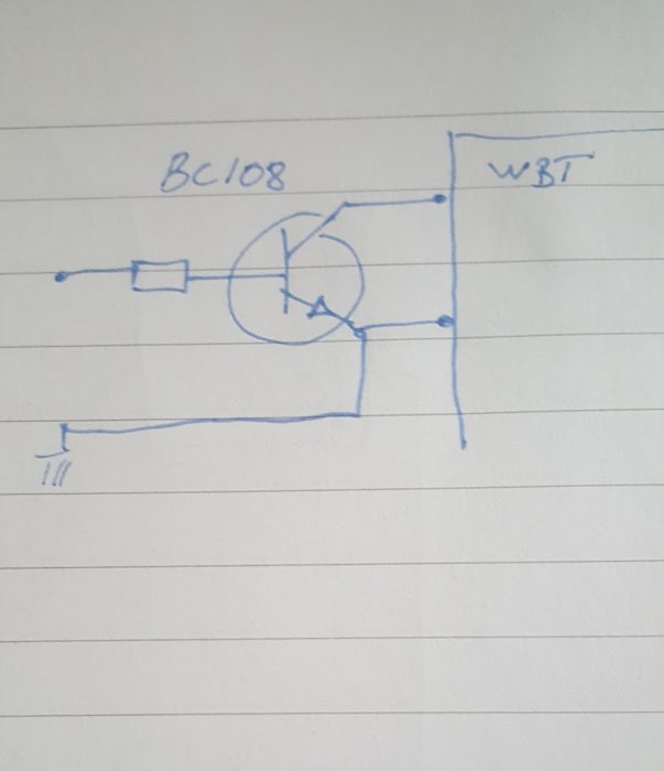 Handritat kopplingsschema för regndetektor med komponenterna BC108 och WBT-912.