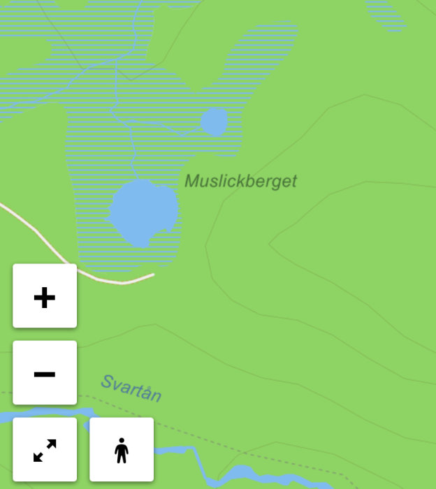 Skärmklipp av en digital karta med en plats markerad som Muslickberget, med zoom- och panoreringstangenter.