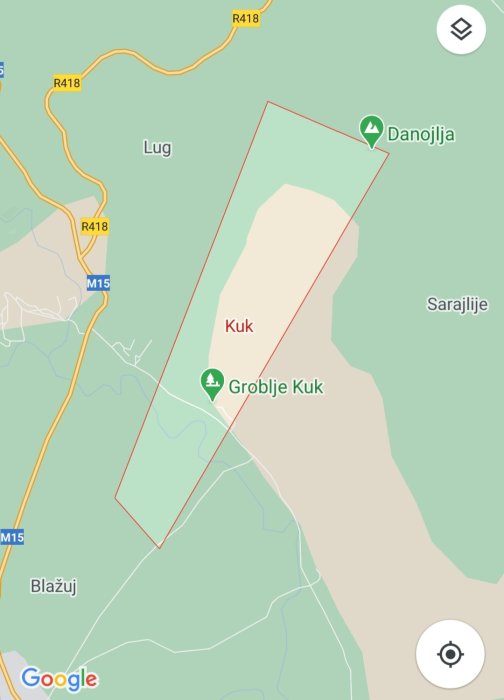 Kartutsnitt från Google Maps som visar en region markerad med namnen Lug, Kuk och Groblje Kuk samt vägar R418 och M15.