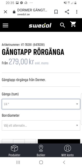 Skärmdump från Swedol webbplats som visar en produkt för 1/4" gängtapp med pris och artikelnummer.
