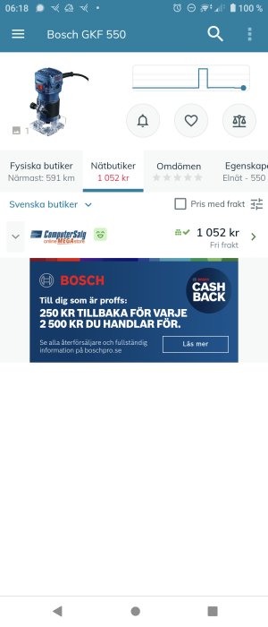 Skärmdump av en Bosch GKF 550 fräslistad på Prisjakt med pris och cashback-erbjudande.