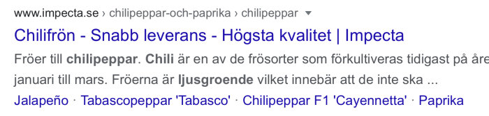 Skärmdump från webbsida som visar sökresultat för chilifrön med olika sortnamn.