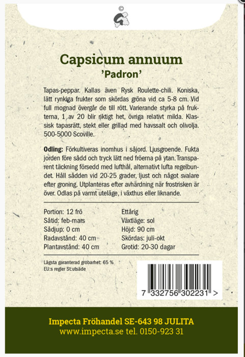 Fröpåse för Capsicum annuum 'Padron', information om odling, skörd och växtförhållanden.