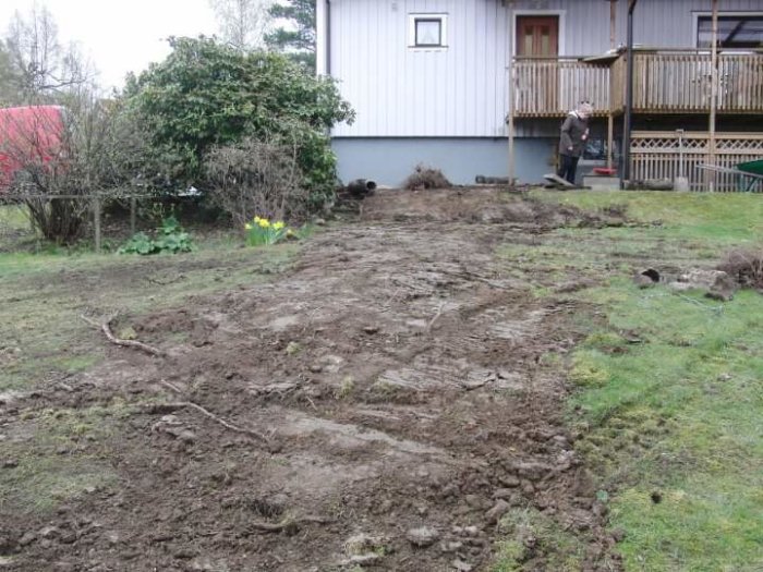 Grovplanerad trädgård med spår av grävning framför ett hus, person i bakgrunden.