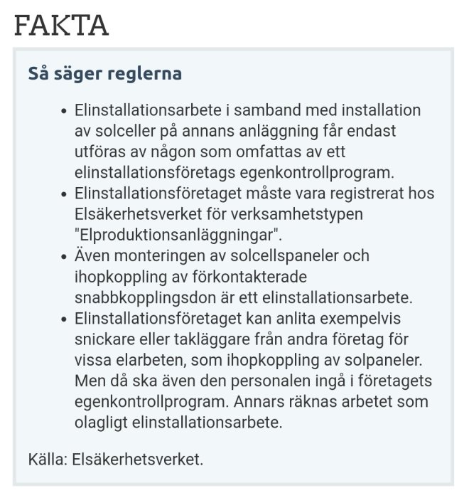 Screenshot av fakta från Elsäkerhetsverket om regler för elinstallationsarbete relaterade till solceller.