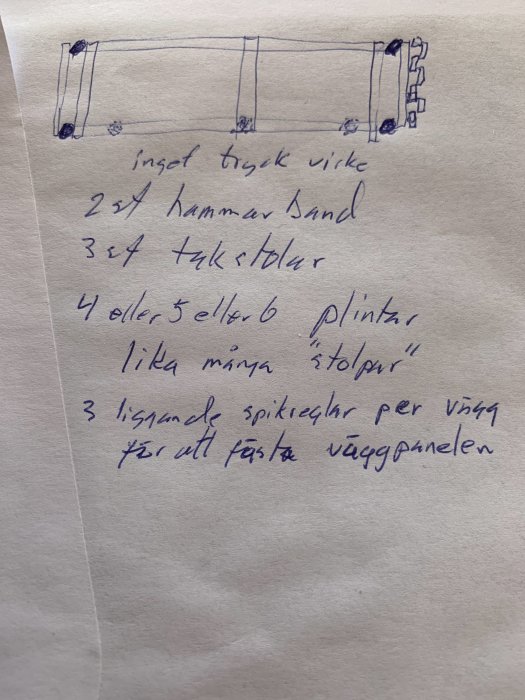 Handritad skiss av konstruktionsdetaljer med anteckningar om byggmaterial.