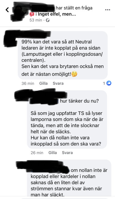 Skärmdump av diskussionstråd med text om elproblem där lampor inte slocknar helt trots avstängd strömbrytare.