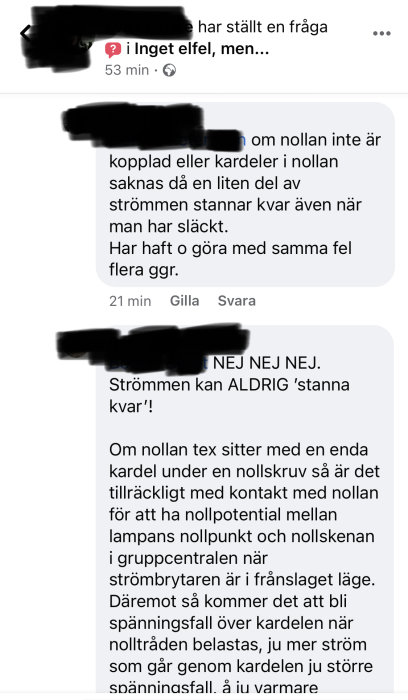 Skärmbild av en diskussionstråd där användare debatterar ett elproblem med att belysningen inte släcks fullständigt.