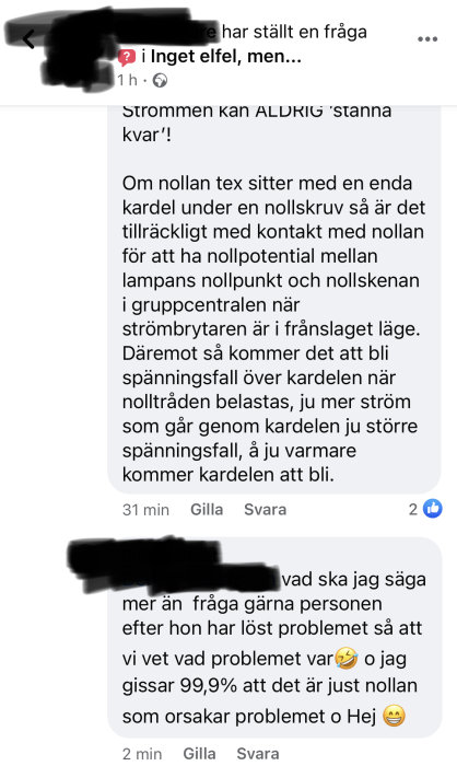 Skärmdump av diskussionstråd om elproblem där en person förklarar varför belysning inte slocknar helt.