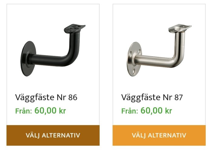 Två väggfästen; vänster med centrumskruv, höger med tre förborrade hål.