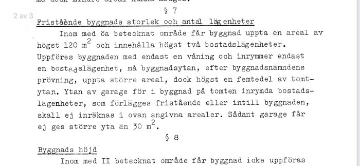 En texturklipp från ett dokument som diskuterar gränser för byggnadsarea i en detaljplan, med fokus på enplanshus och byggnadsnämndens prövning.