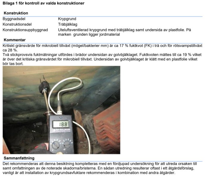 Fuktighetsmätare visar 18.8% på organiskt material i en krypgrund under golvet.