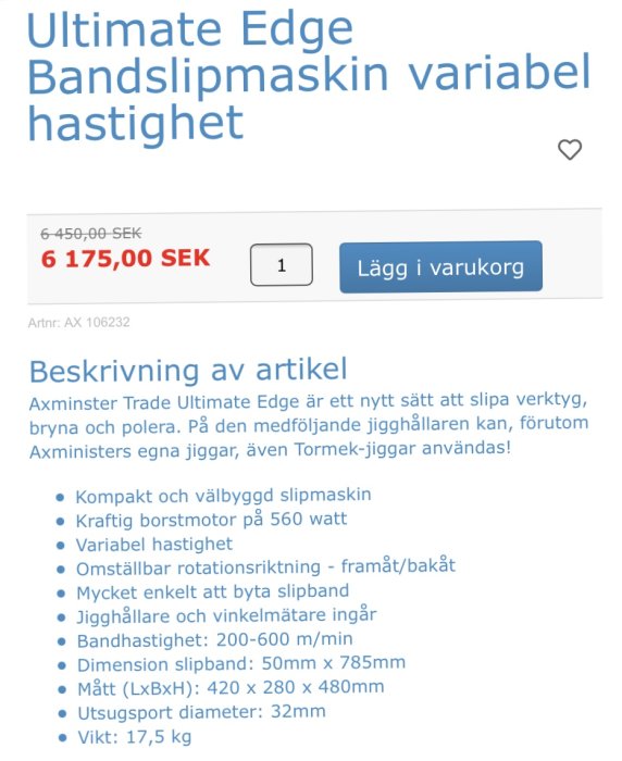 Skärmdump av en webbutik som visar bandslipmaskinen Ultimate Edge med variabel hastighet och produktbeskrivning.