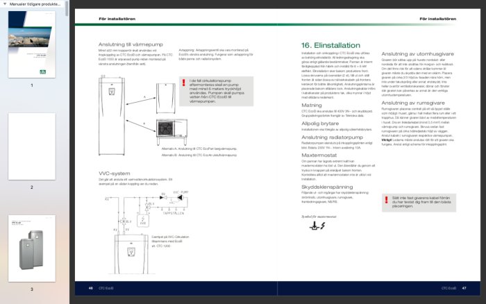 Sida ur manual som visar installation av CTC EcoEl värmesystem med diagram och textinstruktioner.