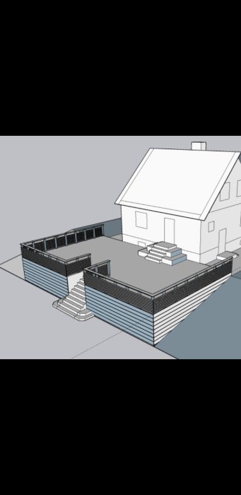 Skiss av ett hus med en stor altan och två trappor, den ena leder ner till gräset och den andra till altanen.