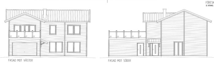 Fasadritningar av ett planerat hus med väster- och södersida, visar garage och entré.