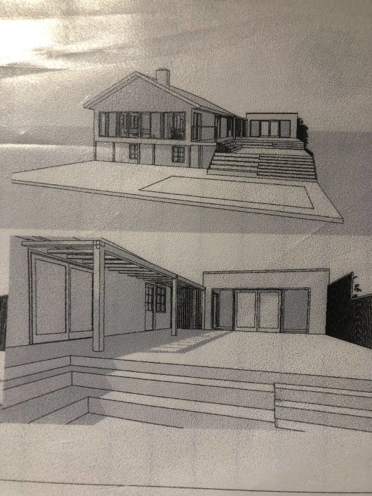 Ritning av en fastighet med ett tilltänkt växthus nära huvudbyggnaden och en kamin.