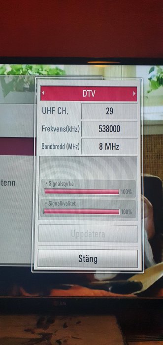 TV-skärm som visar inställningsmenyn med signalstyrka och signal kvalitet på 100% för en digital-TV kanal.