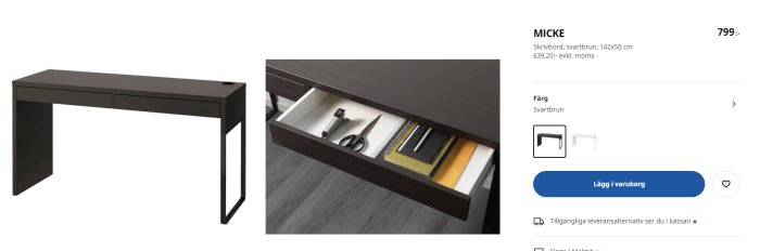 Svartbrunt skrivbord, öppen låda med anteckningsblock och kontorsmaterial, pris och info.