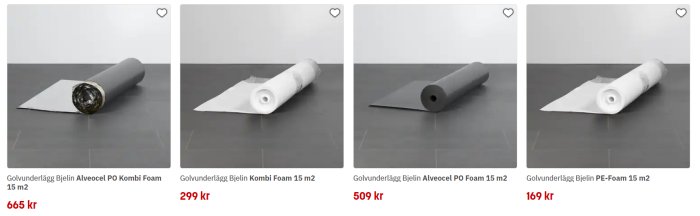 Fyra olika rullar av Bjelin golvvunderlägg på ett grått golv, inklusive Alveocel PO Kombi Foam och PE-Foam.