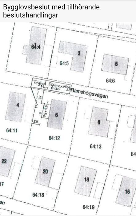 Skanning av ett bygglovsdokument som visar detaljplan med tomtnummer och gatunamn.