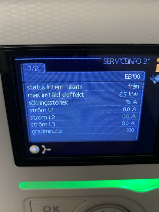 Digital display av en värmepumps serviceinformation med el-effekt och strömdata.