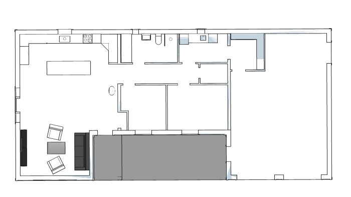 En planritning av ett hus med indikationer för kök, vardagsrum, garage och sovrum, utan mått, i enkel design för budgetbygge.