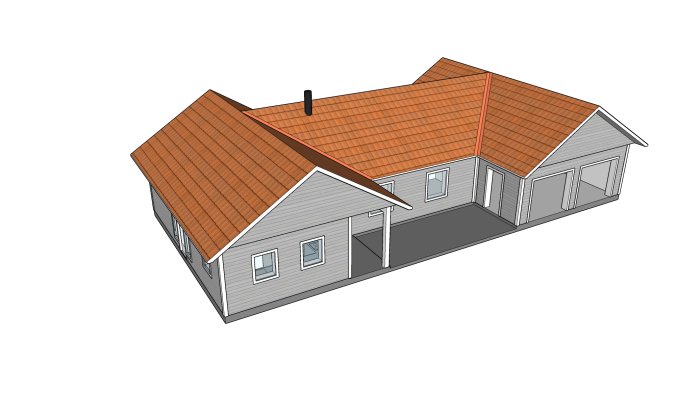 3D-modell av ett enfamiljshus under planering med orange tak och vit fasad.