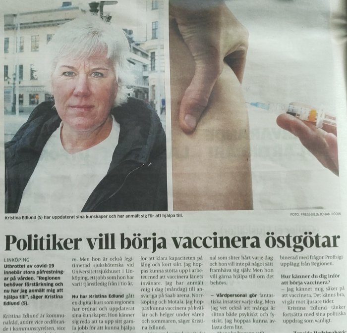 Politiker håller spruta nära någons arm i förberedelse för vaccination.