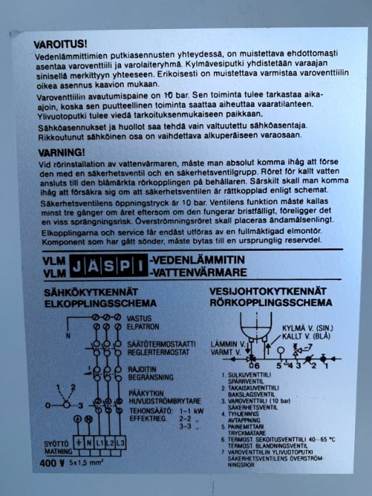 Instruktionsmanual för en varmvattenberedare med varningar och elektriska samt vattenkopplingsscheman.