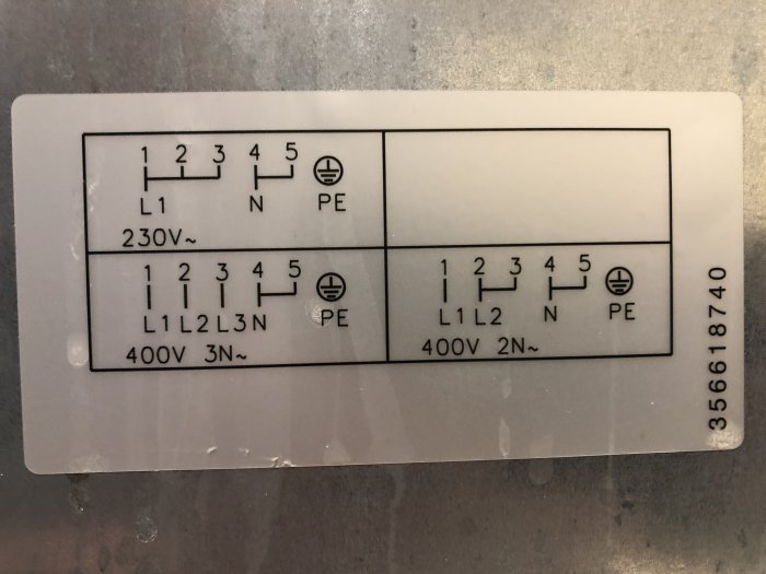 El-schema på en etikett som visar kopplingar för 230V och 400V för en induktionsspis.